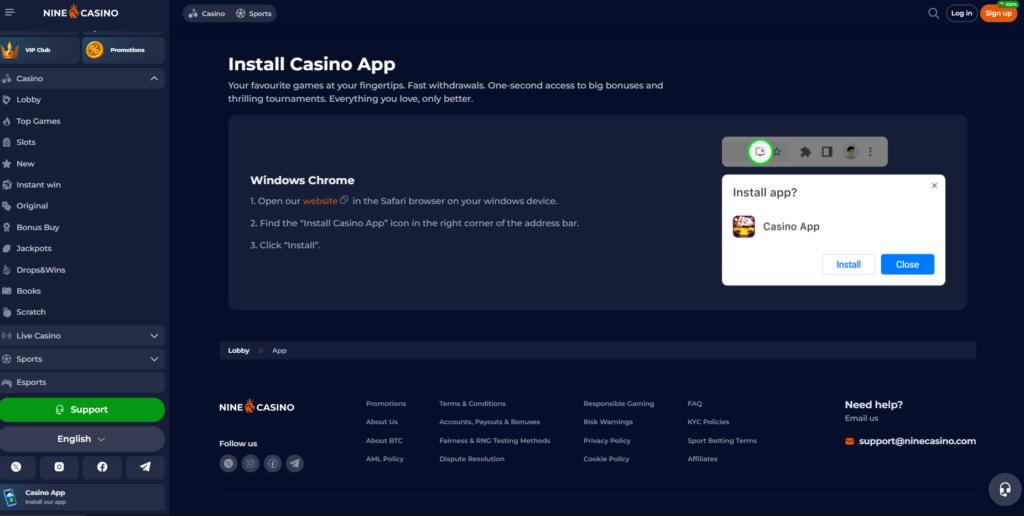 Aplicação móvel Nine Casino