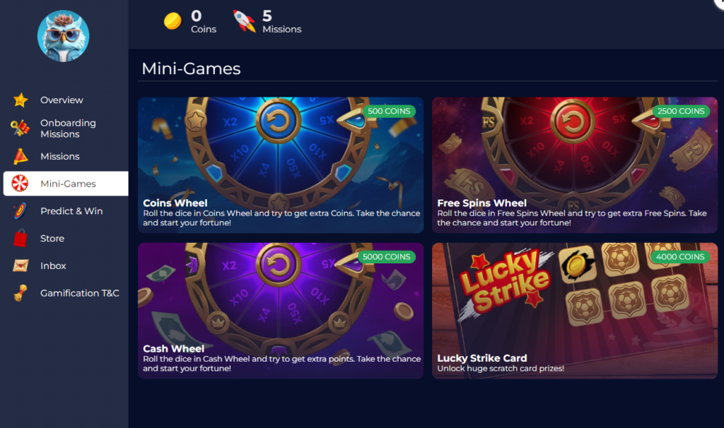 Nove missões do Casino e roda da fortuna